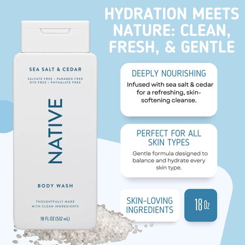 Native Body Wash, 2 Pack - Sandelwood and Shea Butter & Sea Salt and Cedar 18oz Clean Body Cleanser, Sulfate-Free, Paraben-Free Formula for All Skin Types