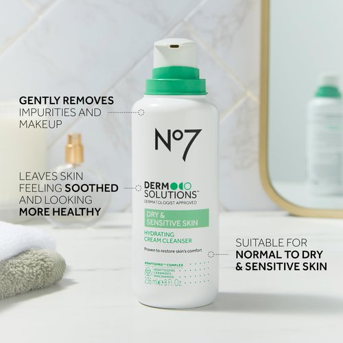 No7 Derm Solutions Hydrating Facial Cleanser - Gentle Cream Face Wash Formulated with Ceramides, Niacinamide & Adaptogens to Help Maintain Skin's Moisture Barrier - For Dry & Sensitive Skin (8 Fl Oz)