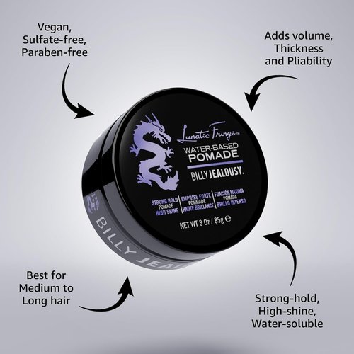 Billy Jealousy Lunatic Fringe Pomade - Strong Hold, High Shine, Vegan Hair Product for Medium to Long Hair, 3 oz