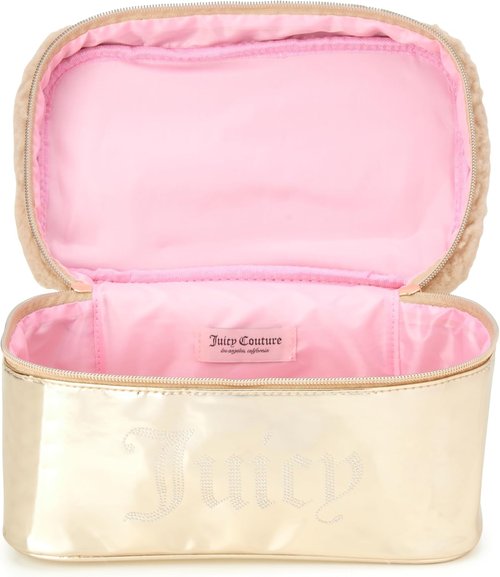 Juicy Couture Gold Makeup Bag - Shiny Rhinestones Travel Organizer | Faux Shearling Design