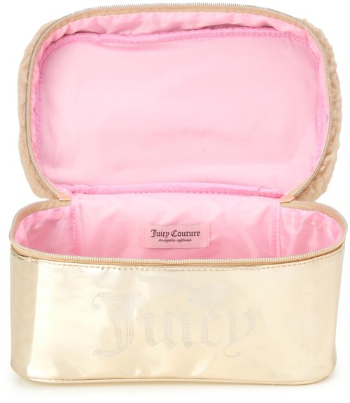 Juicy Couture Gold Makeup Bag Cosmetics Organizer Travel Essentials Train Case Shiny Rhinestones Faux Shearling
