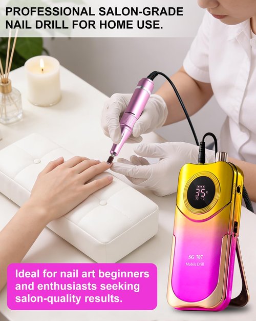 Moskany Professional Electric Nail Drill Kit 35000RPM with 14PCS Bits Purple Gold Portable Rechargeable Cordless File Machine for Acrylic Gel Powder Nails and Manicure Pedicure Toenail Tool Salon Set