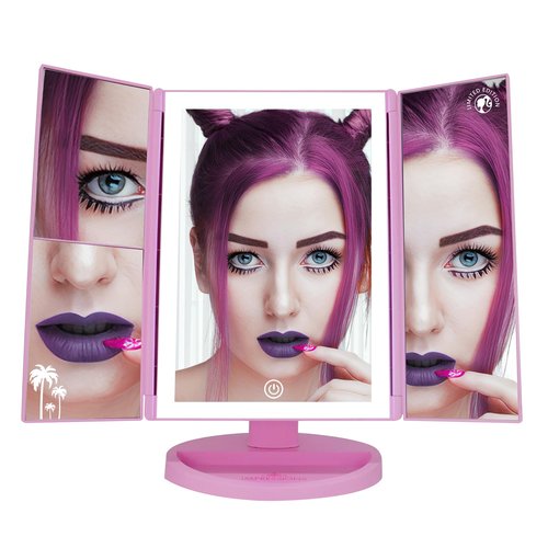 Impressions Vanity Barbie LED Trifold Makeup Mirror with Magnification, 3 Way View Portable Desk Mirrors with Dimmable Tri Tone Lighting, Tilt Adjustable Stand, and Touch Switch