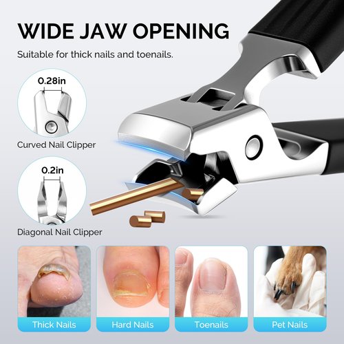 MelodySusie Wide Jaw Opening Nail Clippers Set, 2 pcs Toenail Clippers for Seniors Thick Nails, Anti-Splash Curved and Slanted Nail Clippers for Men Women, Fingernail Cutter with Catcher, Black