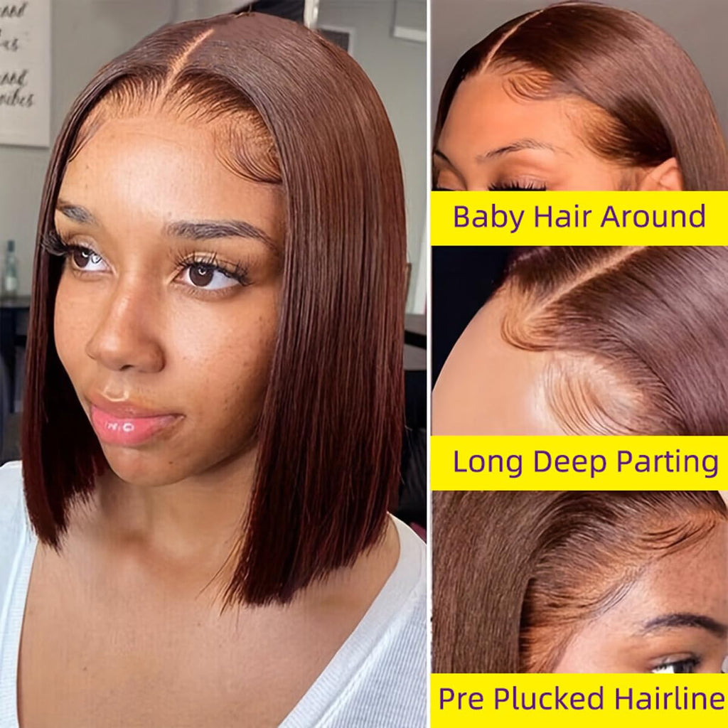 YOUFA Mocha Brown Lace Front Human Hair Wigs Pre Plucked 13x4 Transparent Swiss Lace Frontal Short Bob Wigs Blunt Cut Bob Style Bone Straight Human Hair Wigs (Chocolate Brown, 8 inch)
