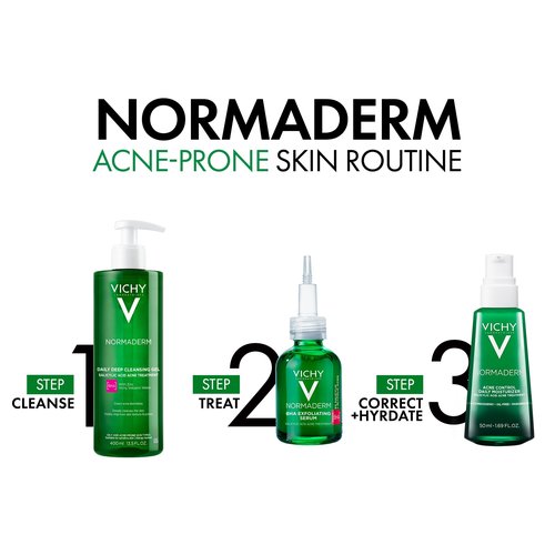 VICHY Normaderm Daily Acne Face Wash, 0.5% Salicylic Acid Cleanser, Gel Cleanser For Oily Skin, Removes Excess Oil, Dirt & Clogged Pores, Oil Free Acne Wash, Soap & Sulfate Free, Non-Drying
