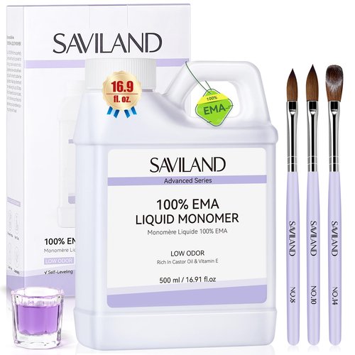 SAVILAND Advanced Monomer Acrylic Nail Liquid Kit: Pure EMA 16OZ Acrylic Liquid Low Odor Nail Monomer Liquid with 3 Pcs Acrylic Nail Brush Dappen Dish for French Nail Extension Carving DIY Home 500 ml