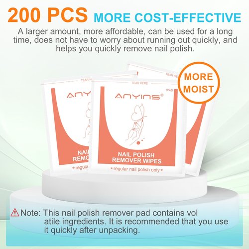 ANYINS Nail Polish Remover Pads，200PCS Fast Remove Nail Polish Remover Wipes with Nutrition Oil Individually Wrapped Professional Nail Salon and Home Use