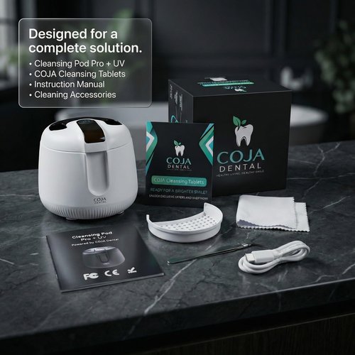 COJA Dental Cleansing Pod PRO + UV - 48kHz Ultrasonic Retainer Cleaner, Dual Accessory UV Ports, 200mL, USB-C Rechargeable for Aligners, Dentures, Night Guards, Mouthguards (Arctic White)