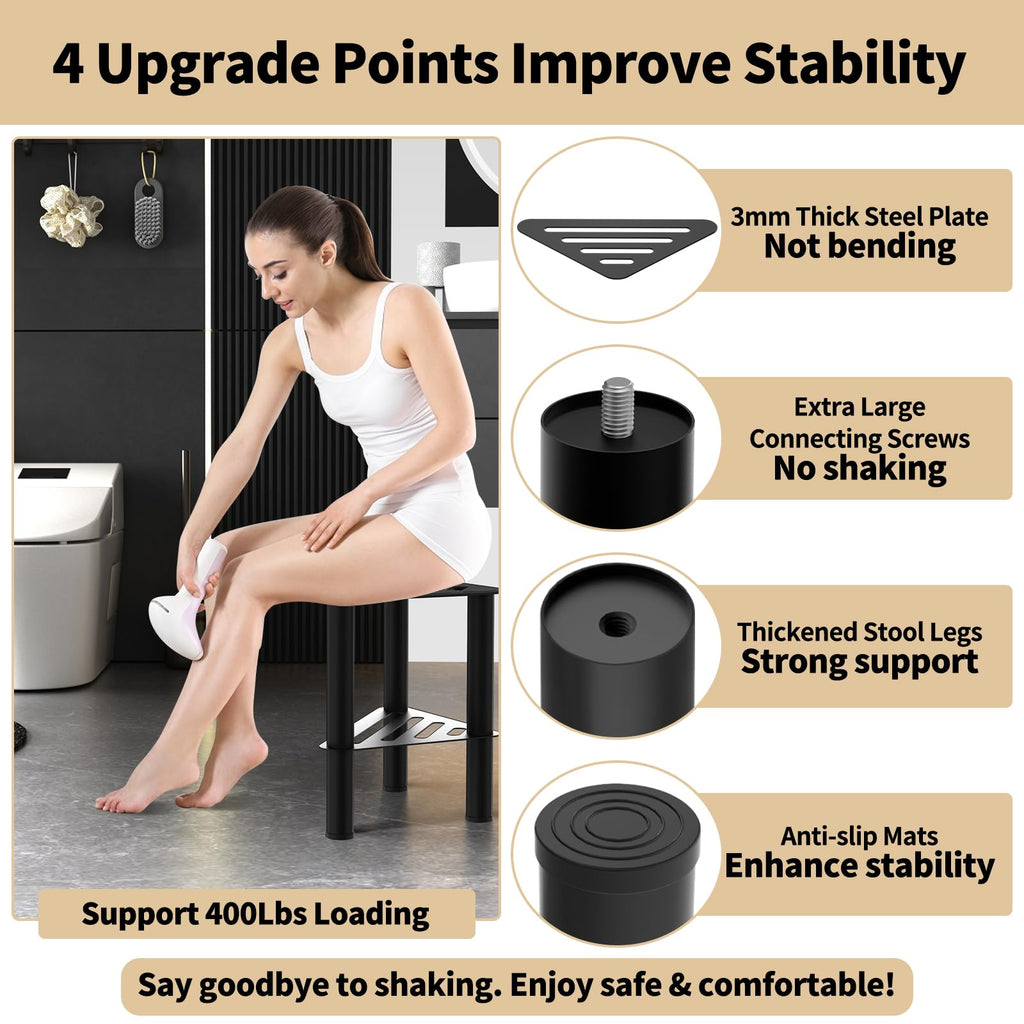 WINSTECK Upgraded Rust-Proof Metal Corner Shower Foot Stool for Shaving Legs, Shower Foot Rest Bench for Inside Shower with Storage Shelf, Small Step Stools, Non-Slip Bath Stool (Black)