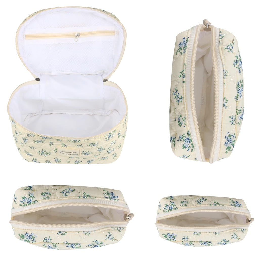 VIWIME Makeup Cosmetic Bag, Large Cotton Quilted Travel Coquette Aesthetic Cute Floral Make up Bag for Women Toiletry Bag Organizer (203- Blue Rose / 4Pcs)
