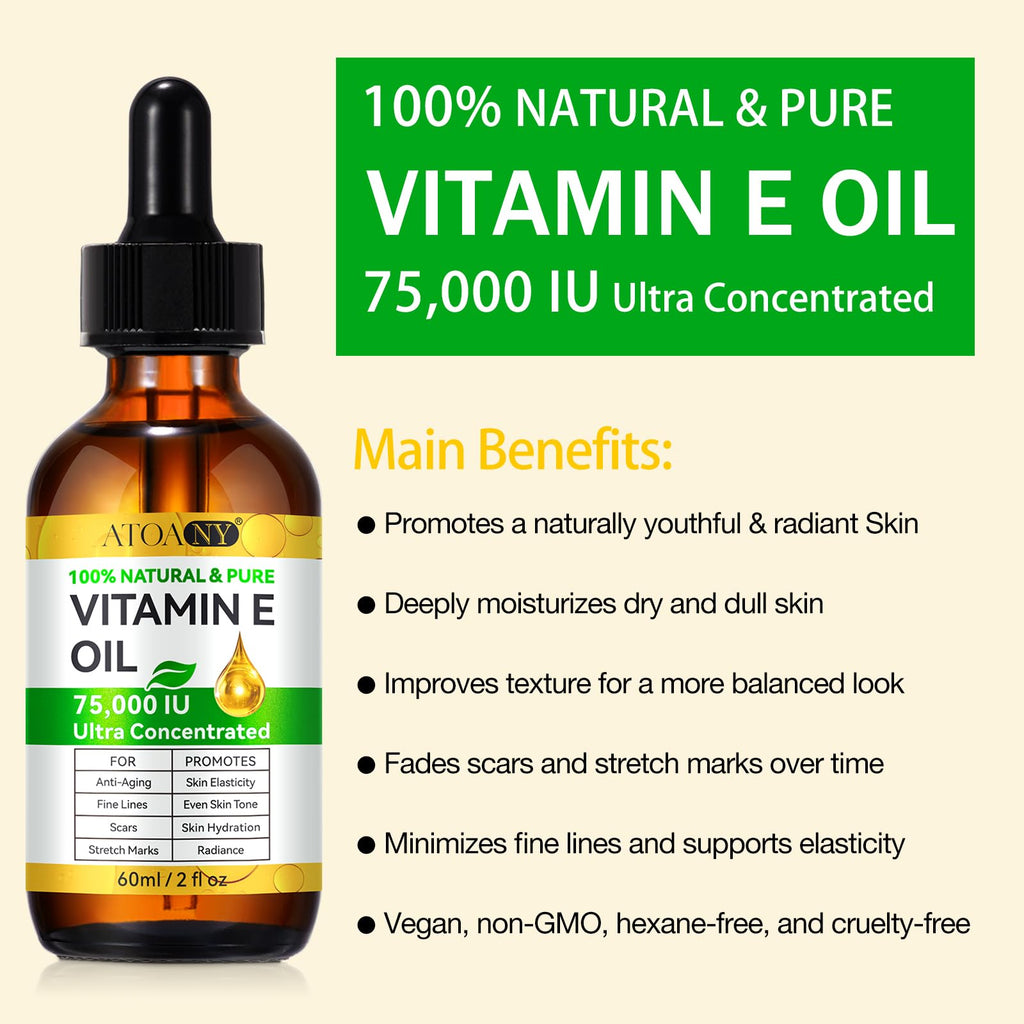 Vitamin E Oil 75,000 IU 2 Pack - 100% Pure Vitamin E Oil for Skin, Face, Hair, Body - Natural Antioxidant for Dryness, Wrinkles, Scars & Stretch Marks, Deep Hydration for Soft, Glowing Skin