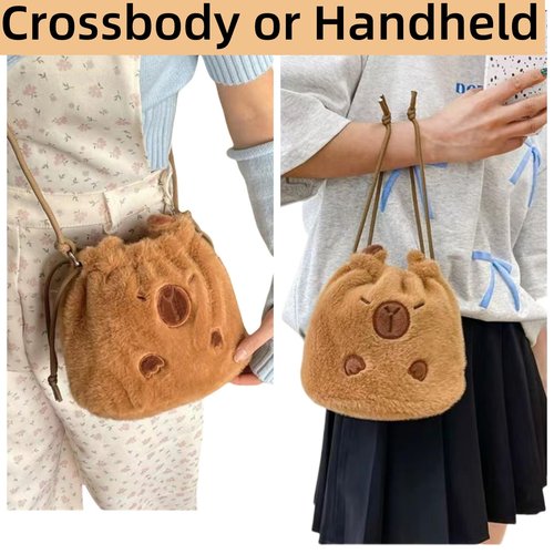 CECKQUE Cute Capybara Fluffy Makeup Bag With Drawstring and Shoulder Straps, Small Plush Animal Cosmetic Pouch Bag Gifts for Women (Brown)