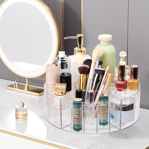 Flytreal 360 Rotating Makeup Organizer for Vanity, 10” Desk Acrylic Spinning Cosmetic Skincare Organizer Countertop, Large Clear Lazy Susan Round Organizer for Lotion, Lipsticks, Perfume, Brushes