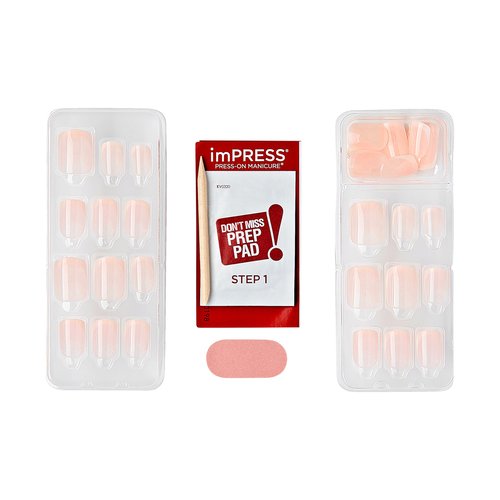 KISS imPRESS No Glue Mani Press On Nails, French, 'Heroic', Light Neutral + White Tip French, Short Size, Squoval Shape, Includes 30 Nails, Prep Pad, Instructions Sheet, 1 Manicure Stick, 1 Mini File