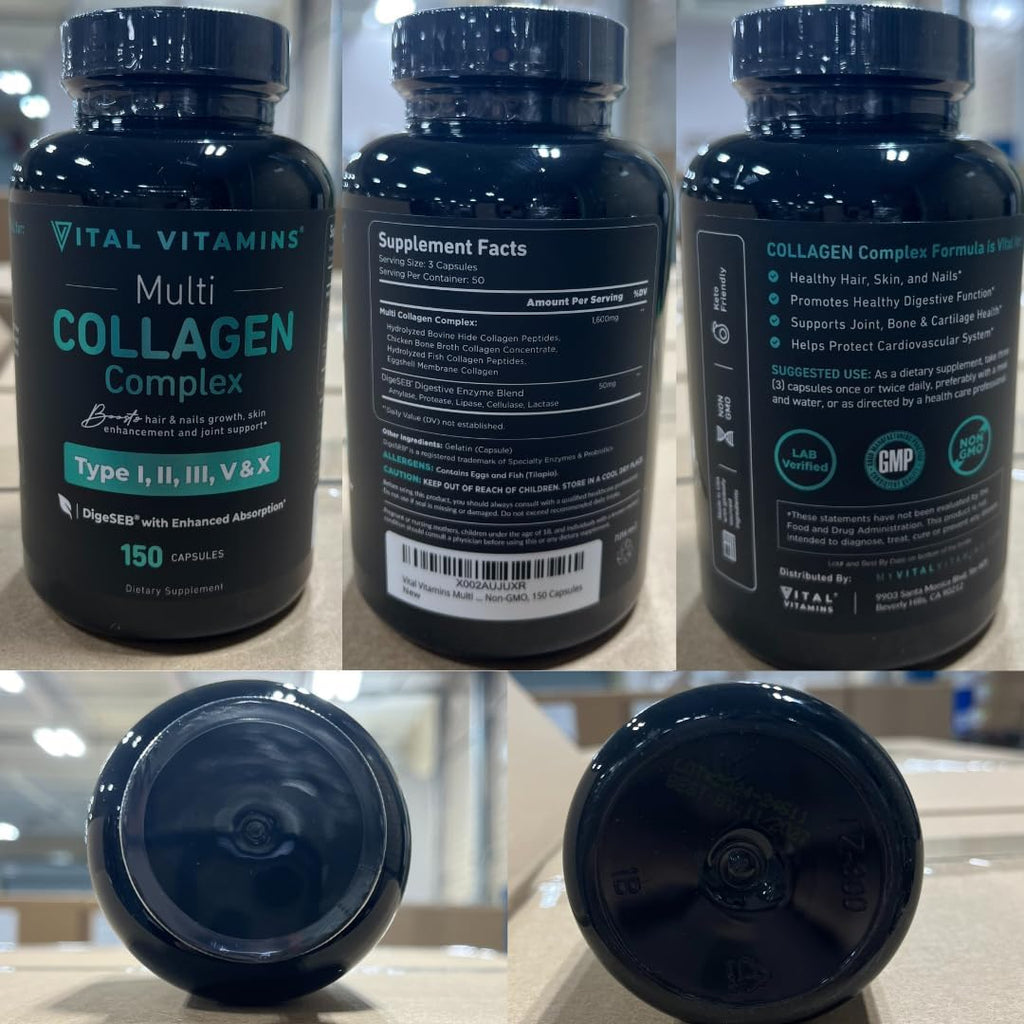 Vital Vitamins Multi Collagen Capsules - Types I, II, III, V, X - Grass Fed & Non-GMO - 150 Count