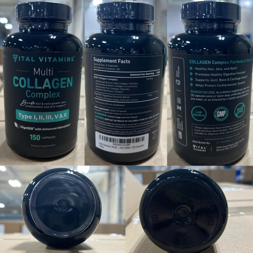 Vital Vitamins Multi Collagen Capsules - Types I, II, III, V, X - Grass Fed & Non-GMO - 150 Count