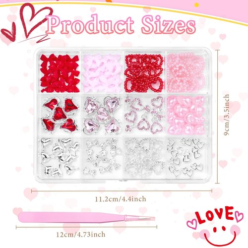 Valentine's Day Nail Charms，Pink Colors Red Bows Hollow Rhinestones for Acrylic Nails , 3D Dangle Heart Nails Charm, Bowknot Heart Silver Y2K Jewelry Charms for Nail Art DIY