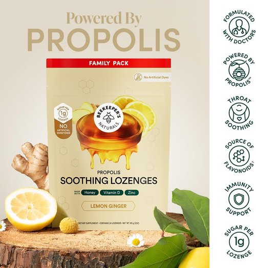 Beekeeper's Naturals Honey Ginger Lemon Cough Drops - Immune Support with Vitamin D & Zinc | 24 Count