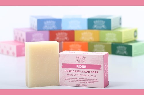 Adams Handmade Soap Rose Pure Castile Bar Soap – 4.5 oz | Vegan, Cold Process, Essential Oils, 84% Organic, Fair Trade, No Additives, USA Made
