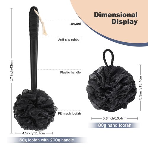 ROLIZOE Non-Slip Back Scrubber with 17" Plastic Handle - Hand Shower Loofah & Loofah on a Stick Set, Black