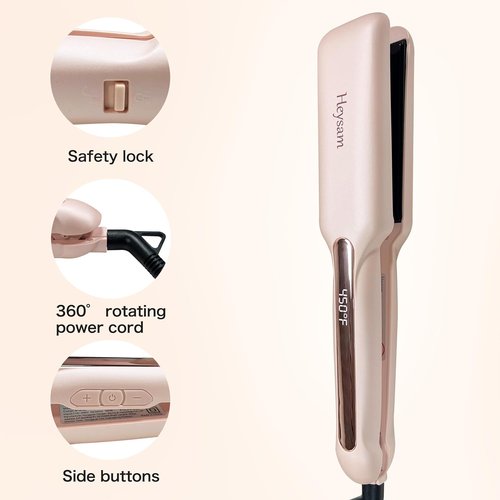 Heysam 2-in-1 Flat Iron Hair Straightener & Curler - Portable Dual Voltage, 1.6-Inch Wide, Fast Heating, Pink