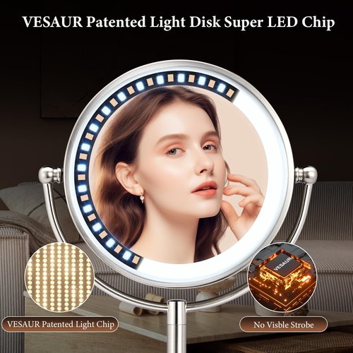 VESAUR 2026 Upgraded 20X lighted makeup mirror with magnification, 9" 1X10X Magnifying Mirror with 3 Color Modes & Adjustable Brightness, 5000mAh Rechargeable Vanity Mirror, 360° Swivel, Nickel, Gifts