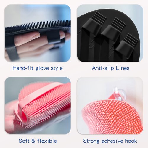 Manmihealth Silicone Back Scrubber & Soft Bath Glove Set 4 PCS(Thin Bristles), Super-Exfoliating Body Scrubber & Super-Lathering Shower Brush Combination, with 2 Free Hooks (Black)