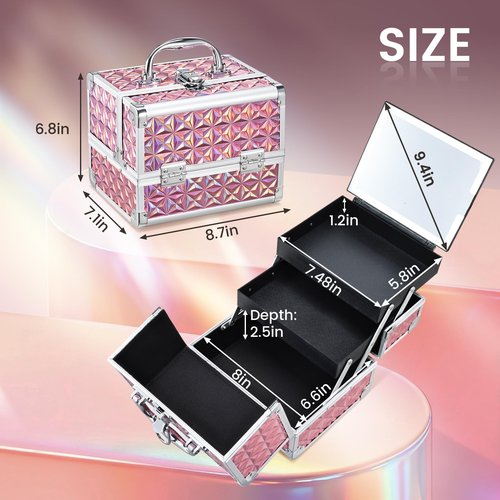 Faquenc Makeup Case with Lighted Mirror Travel Makeup Organizer Box Portable Lockable 2 Trays Cosmetic Train Case with LED Mirror for Girls Make up Nail Kits Sewing Vanity Storage Case, Shiny Pink