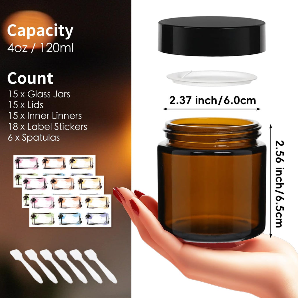 Yokodaza 15 Pack 4 oz Glass Jars with Lids, Amber Refillable Containers with Inner Liners - Empty Cosmetic Jars with Labels & Spatulas for Makeup Lotion Candles Jam Storage