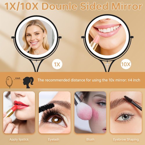 Keilefo Lighted Makeup Mirror with Magnification, 1x/10x Magnifying Mirror with 3 Color and Blessed Cross, 7" Rechargeable Brightness Dimmable Height Adjustable Vanity Mirror, Christian Women Gift