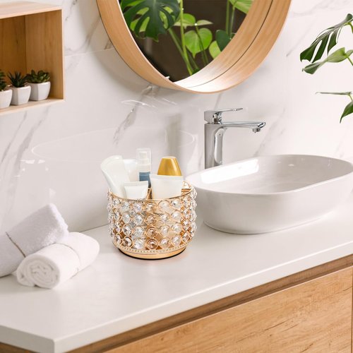 Hedume Crystal Vanity Organizer with 4 Compartments, 360 Degree Rotating Makeup Brush Holder, 4-Slot Glitter Gold Spinning Cosmetic Brushes Display Multi-Functional Desk Organizer Home Decor