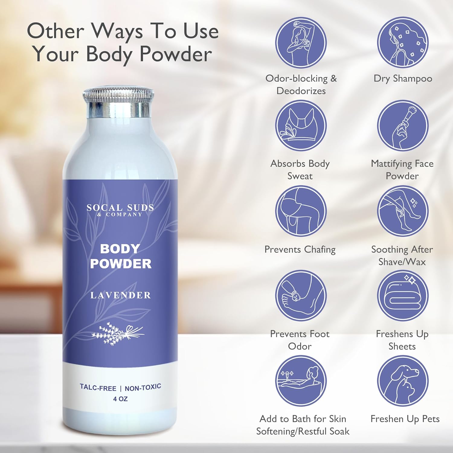 SoCal Suds & Company Natural Body Powder - Talc-Free Lavender Formula for Soft, Soothing Skin | 4oz