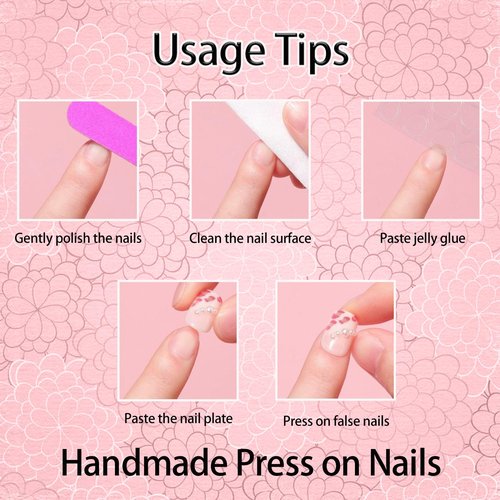 10Pcs Short Duck Press on Nails Handmade Fake Nails French Tip False Nails with 3D Flower Bow Rhinestone Design Handmade Acrylic Nails Press onsSpring Summer Flower Stick on Nail for Women (M)