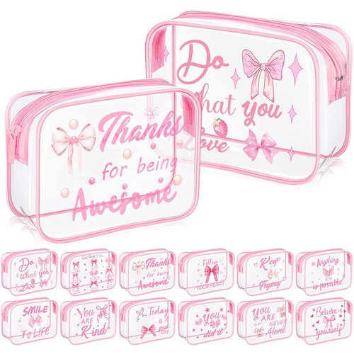Kacctyen 12 Pcs Clear Makeup Bags Bulk Inspirational Quotes Waterproof Portable with Toiletry Zipper Clear PVC Travel Pouch Encouragement Quotes Bags Appreciation Gift for Mother Nurse (Bow)