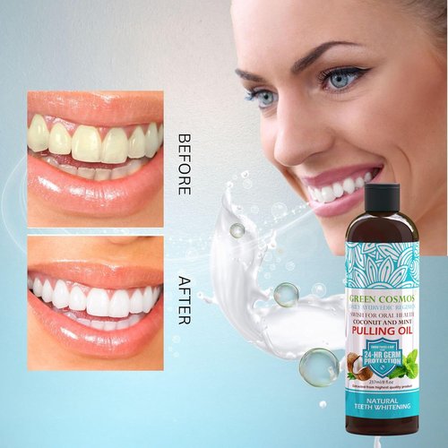 Coconut Mint Pulling Oil Mouthwash, 237ml Natural Teeth Whitening, Ayurvedic Daily Swish for Oral Health Alcohol & Fluoride Free, Healthy Gums, Fresh Breath, Solution for Bad Breath (One Pack)