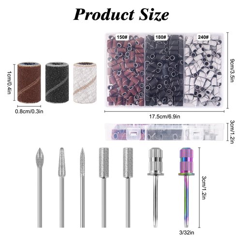 BELICOO Sanding Bands for Nail Drill 300Pcs, w/ 7Pcs Nail Drill Bits, 150#180#240#Grit Nail Sanding Bands for Manicures Pedicures, Electric Nail File Bits