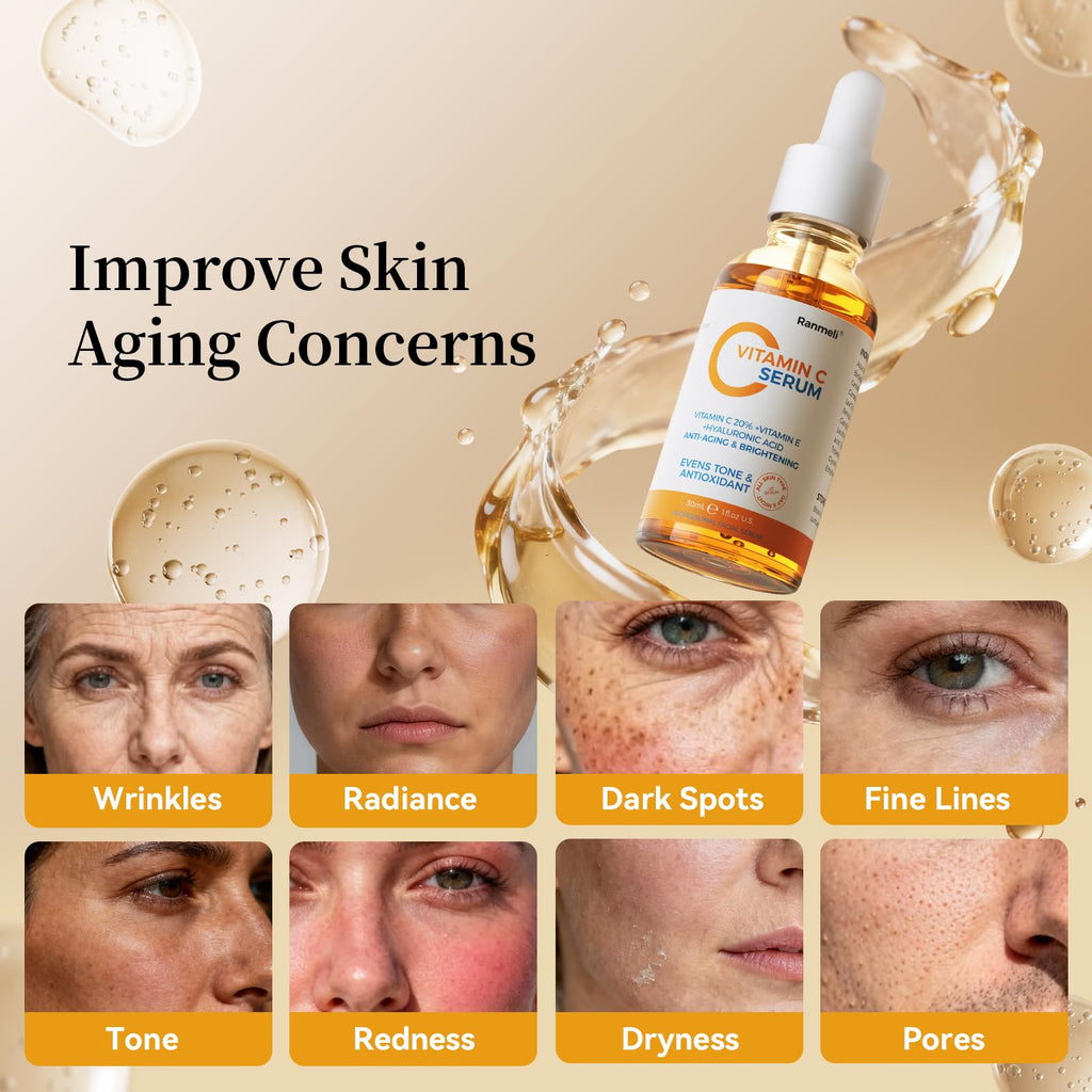 Vitamin C Serum for Face, 20% Natural Vitamin C Facial Serum with Sodium Hyaluronate,Vitamin E,Anti Aging & Wrinkle Skin Face Serum for Dark Spots,All Type Skin Care 1 fl.oz+ 0.05 fl.oz x 10e