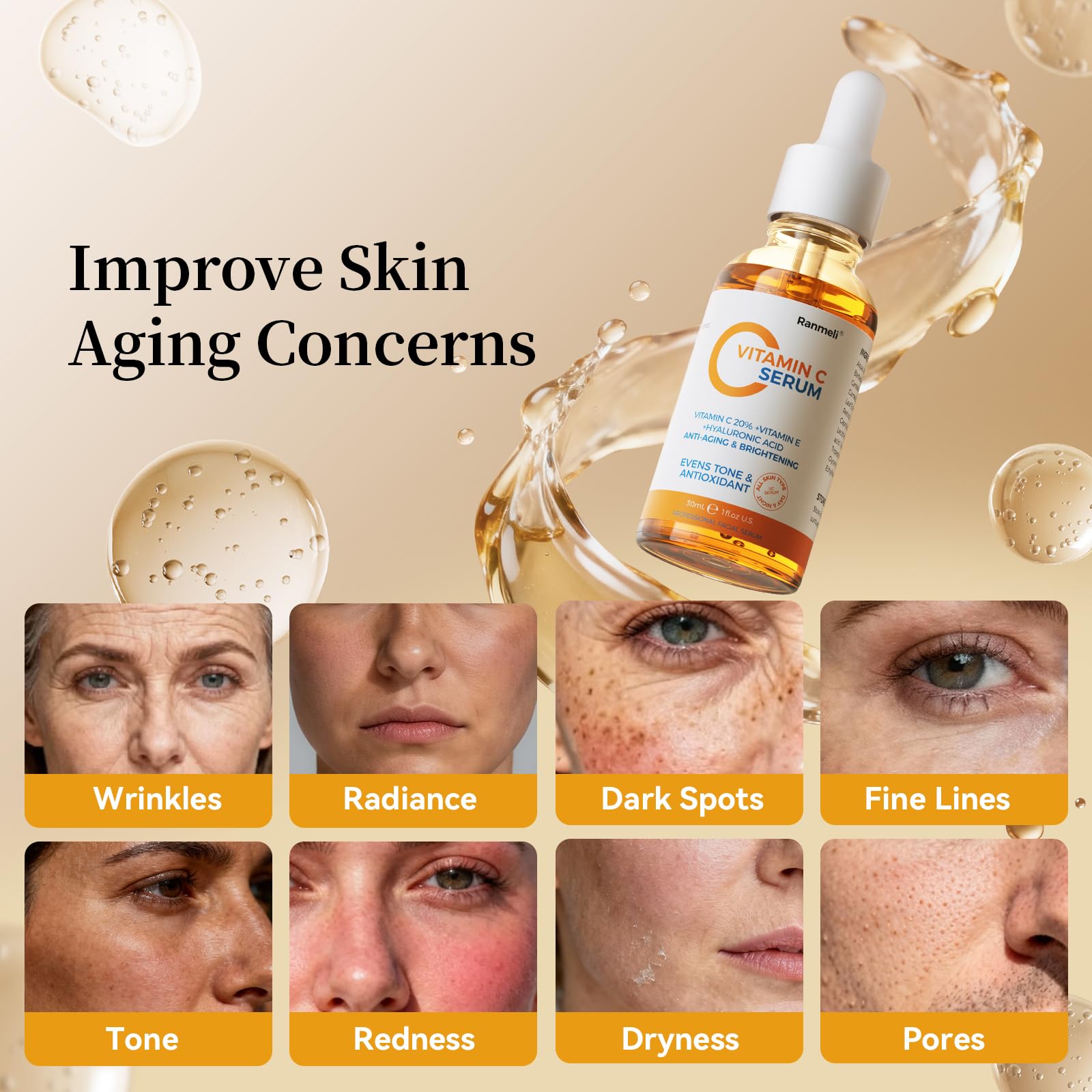 Vitamin C Serum for Face, 20% Natural Vitamin C Facial Serum with Sodium Hyaluronate,Vitamin E,Anti Aging & Wrinkle Skin Face Serum for Dark Spots,All Type Skin Care 1 fl.oz+ 0.05 fl.oz x 10e