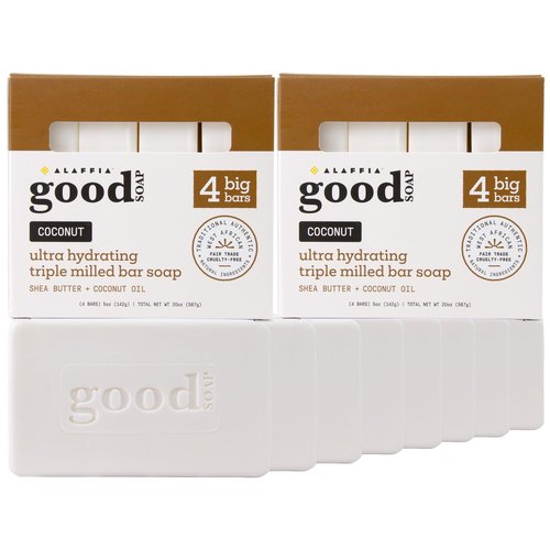Alaffia Good Soap Coconut 2-Pack (8 Bars) – Long-Lasting, Triple-Milled with Fair Trade Shea Butter