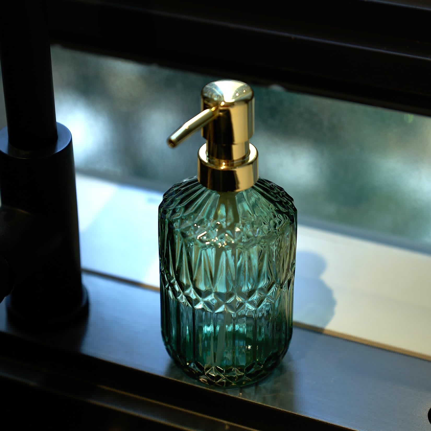 Osfvn Glass Soap Dispenser Green Bottle Gold Plastic Pump Refillable Kitchen Sink Countertop Hand Dish Dispensers