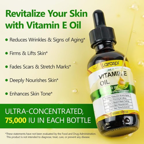 laraspi Vitamin E Oil, Pure Vitamin E Oil for Skin, Face, Scars, Body, for Moisturizing Dry Skin, 4 Oz