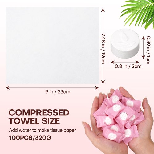 Fcaeon Compressed Towel Tablets 100 Count Disposable Face Towel Individually Wrapped 9×7.5 Inch Portable Washcloths Compact Cloths for Travel Essentials Camping Hotel Makeup Removal Cleaning (Pink)
