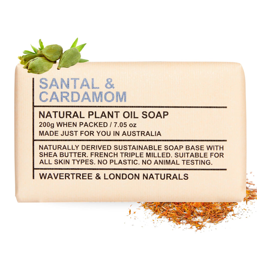 Wavertree & London Santal & Cardamon Scented 100% Natural Soap Bar, 7oz Moisturizing French Triple Milled Soap Bar for Women & Men Enriched with Organic Shea Butter, Pure Bath & Body Soap (1 Bar)