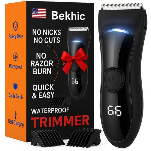 Bekhic® Manscape Groin & Body Hair Trimmer for Men – Waterproof Pubic Hair Shaver & Ball Groomer with LED Light – No-Nick Ceramic Blade, 90-Min Runtime, Cordless Wet/Dry Clipper for Sensitive Skin