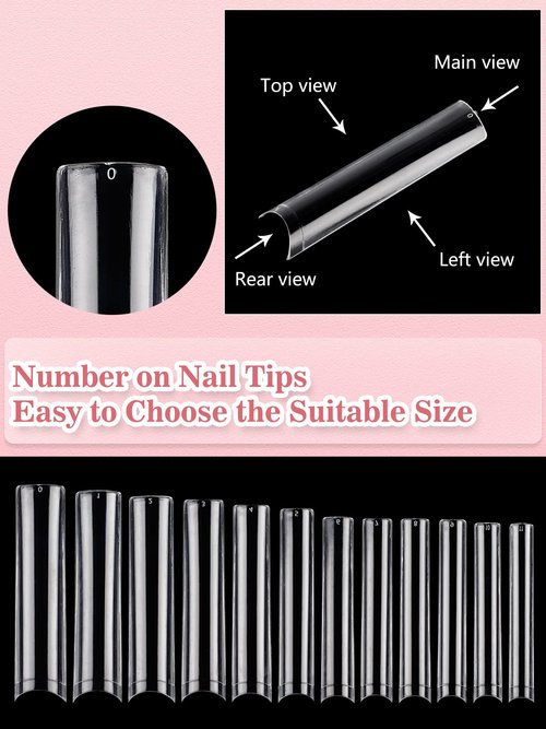 Quaferen Clear Square Nail Tips, 504PCS 3XL Long No C Curve Nail Tips, Half Cover Flat Tapered Square Straight Gel Acrylic Tips False Nails for DIY Salon Home