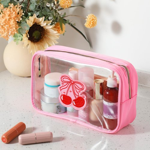 Kacctyen Pink Bow Clear Makeup Bag Coquette Pink Bow Travel Toiletry Preppy Cosmetic Bag Travel Organizer Trendy Portable Gift for Women Girlfriend Bridesmaid Birthday Mothers Day(Cherry Bow)