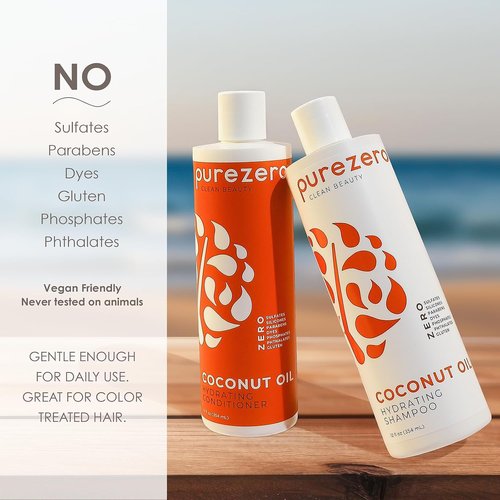 PureZero Coconut Oil Shampoo & Conditioner Set - Vegan, Hydrating Formula for Dry or Color-Treated Hair | 2 × 12 oz