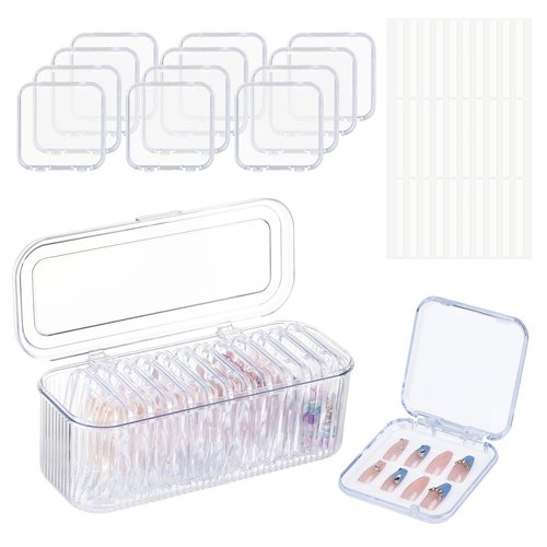 LONTOHCE Press On Nail Orgnizer 12pcs 3.3inch Clear nail storage box and 1 large storage box for Press On Nail Packaging and fake Nail Storage Nail Display with double sided tape.