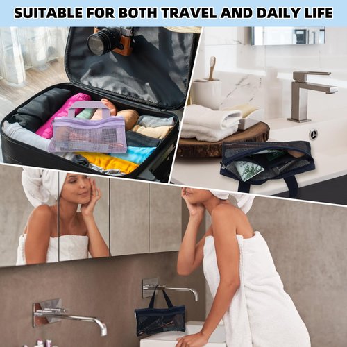 BQSAZHYJ 2Packs Mini Travel Toiletry Bags for Men and Women,Small Mesh Makeup Bag Portable Cosmetic Pouch Square Mesh Storage Bag Toothbrush Travel Bag with Zipper (navy blue and purple)